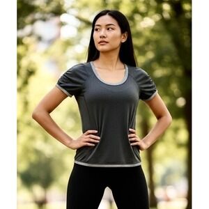 Lululemon Charcoal Black Ruched Short Sleeve Athletic Top Scoop Neck Back Pocket